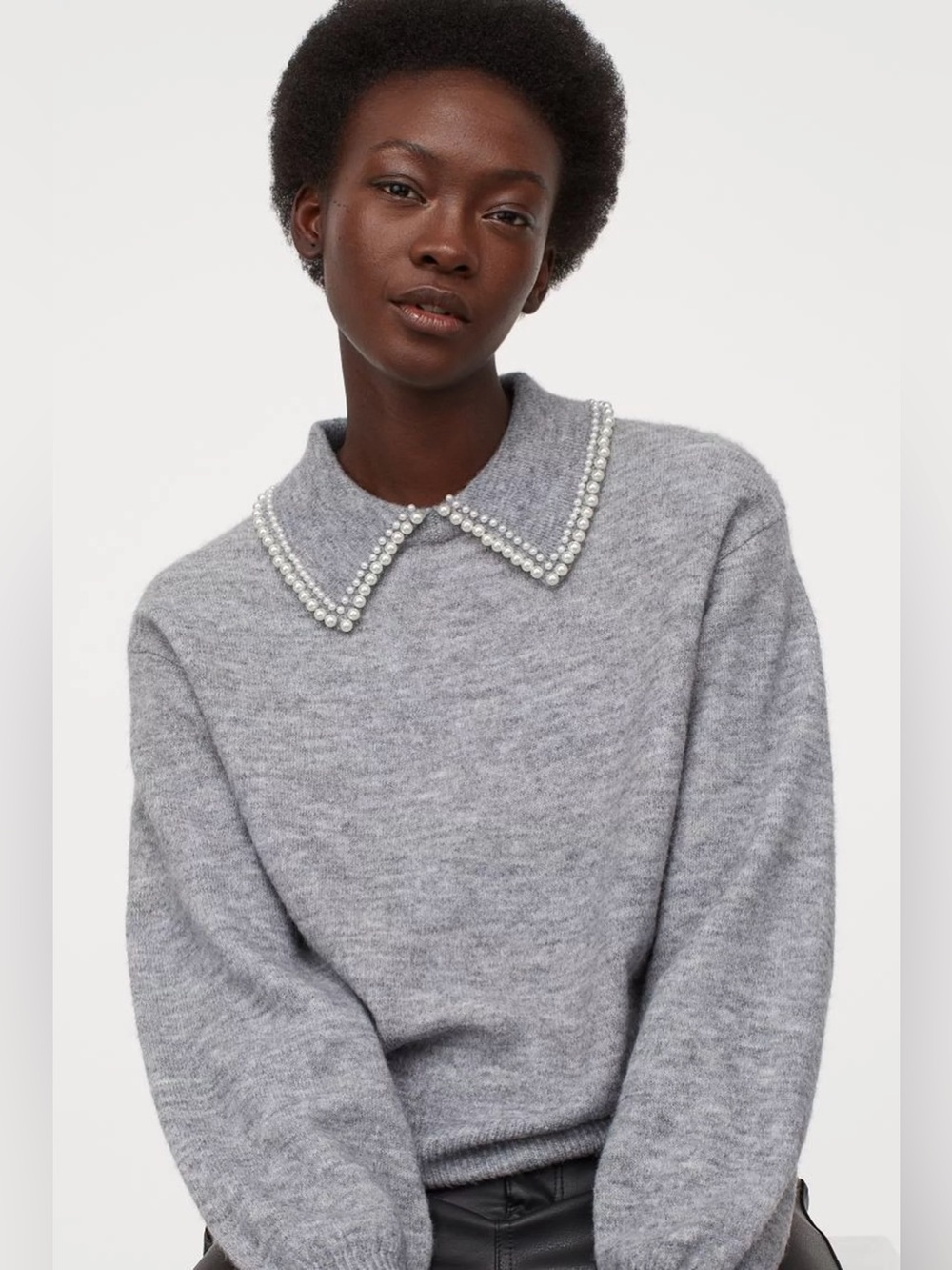 H&M Gray Pearl Collar Sweater Preppy Coquette Knit Top Small